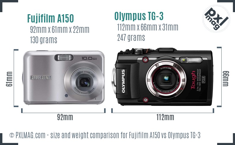 Fujifilm A150 vs Olympus TG-3 size comparison