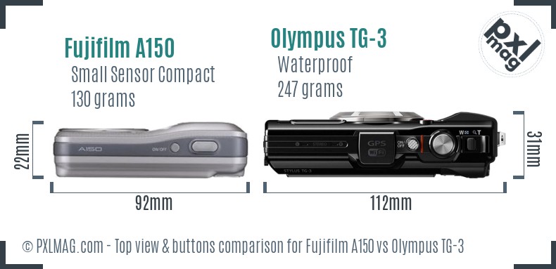 Fujifilm A150 vs Olympus TG-3 top view buttons comparison