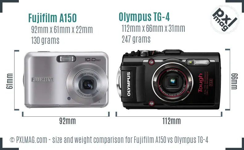 Fujifilm A150 vs Olympus TG-4 size comparison