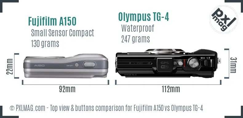 Fujifilm A150 vs Olympus TG-4 top view buttons comparison