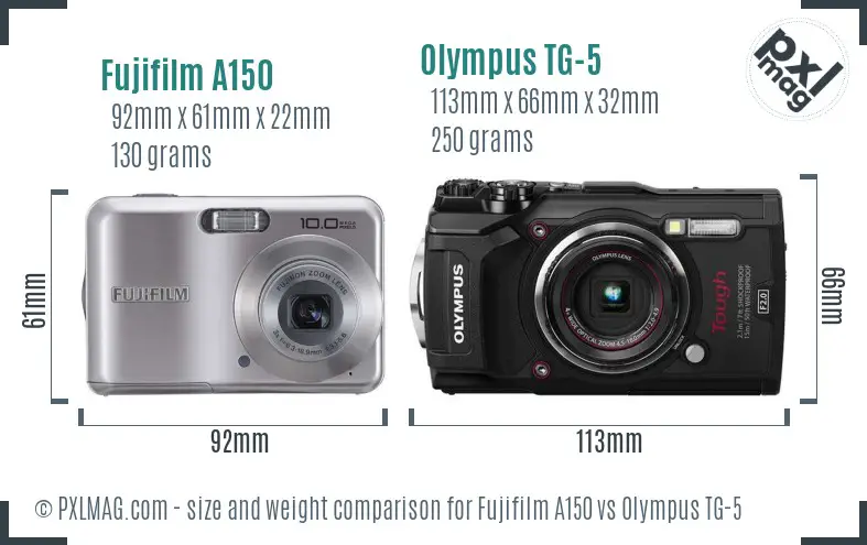 Fujifilm A150 vs Olympus TG-5 size comparison