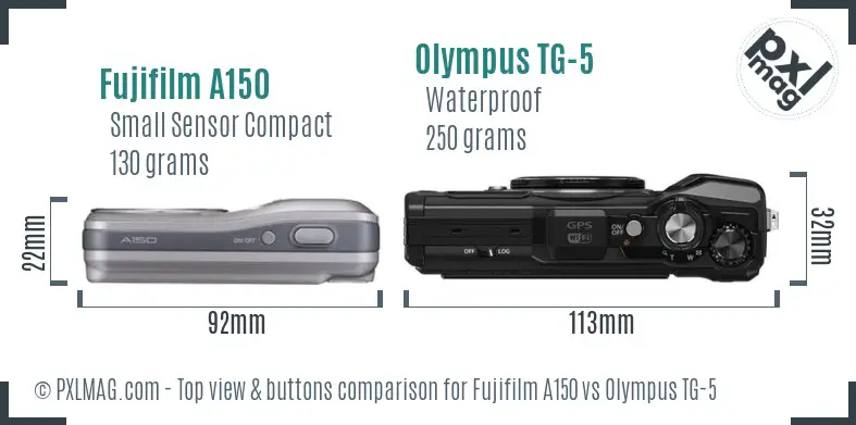 Fujifilm A150 vs Olympus TG-5 top view buttons comparison