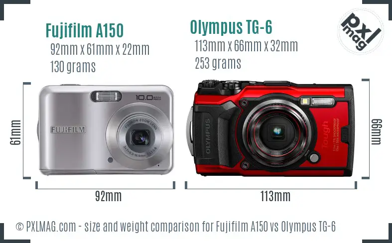 Fujifilm A150 vs Olympus TG-6 size comparison