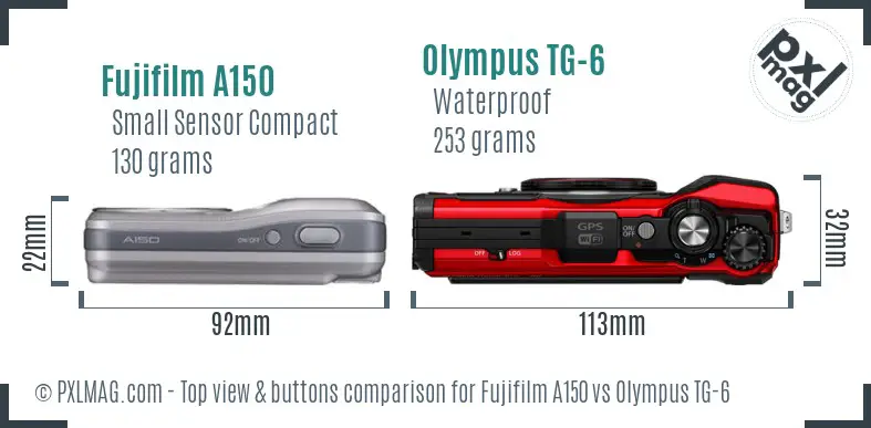 Fujifilm A150 vs Olympus TG-6 top view buttons comparison