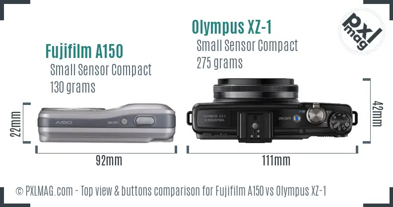 Fujifilm A150 vs Olympus XZ-1 top view buttons comparison