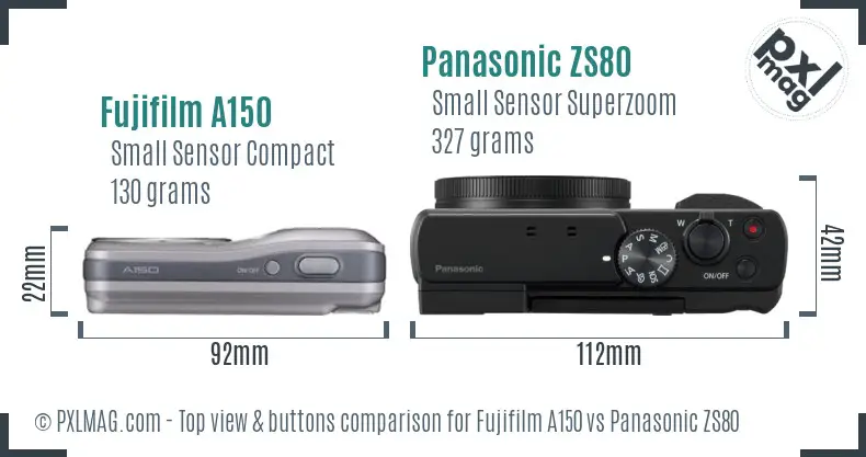 Fujifilm A150 vs Panasonic ZS80 top view buttons comparison