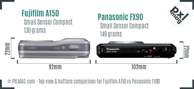 Fujifilm A150 vs Panasonic FX90 top view buttons comparison