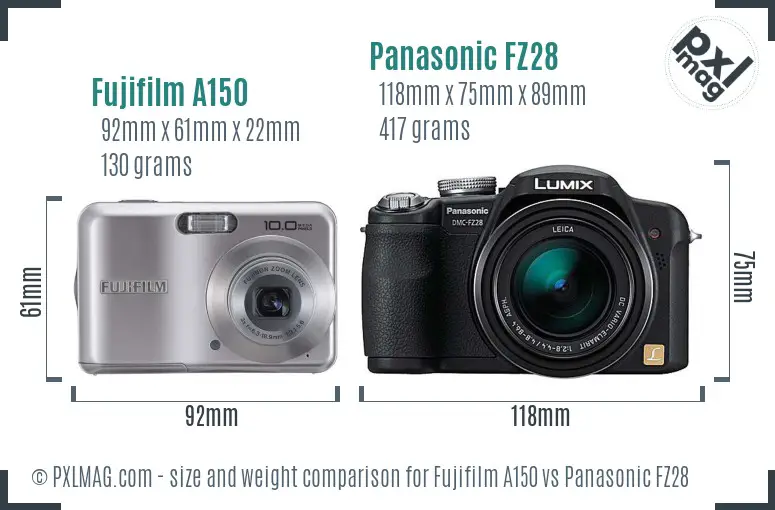 Fujifilm A150 vs Panasonic FZ28 size comparison