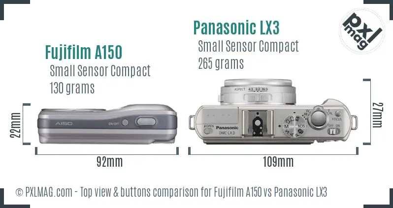 Fujifilm A150 vs Panasonic LX3 top view buttons comparison