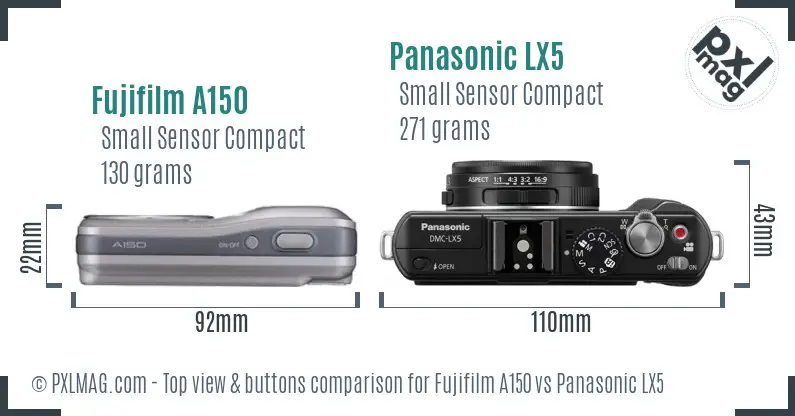 Fujifilm A150 vs Panasonic LX5 top view buttons comparison