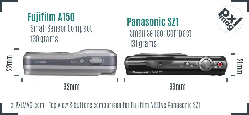 Fujifilm A150 vs Panasonic SZ1 top view buttons comparison