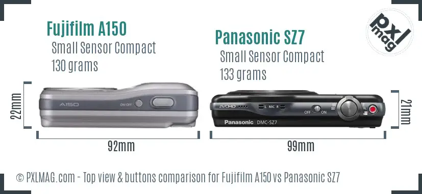 Fujifilm A150 vs Panasonic SZ7 top view buttons comparison