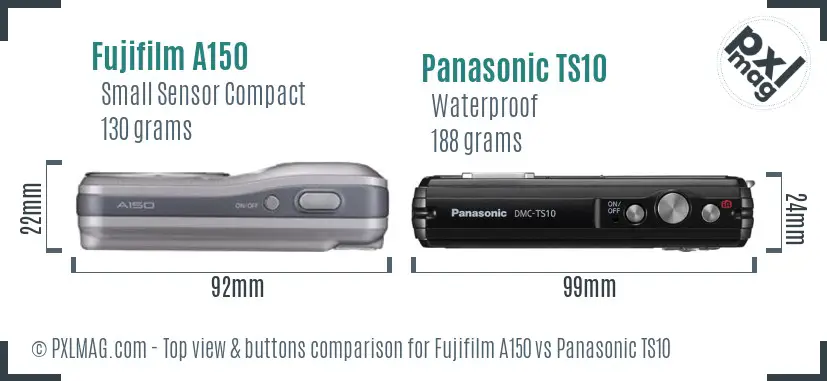Fujifilm A150 vs Panasonic TS10 top view buttons comparison Fujifilm A150 vs Panasonic TS10 top view buttons comparison