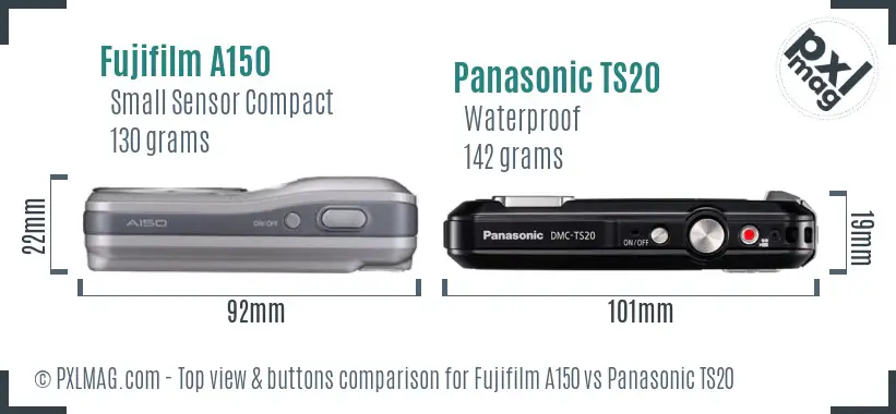 Fujifilm A150 vs Panasonic TS20 top view buttons comparison Fujifilm A150 vs Panasonic TS20 top view buttons comparison