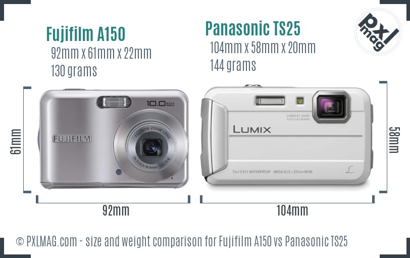 Fujifilm A150 vs Panasonic TS25 size comparison
