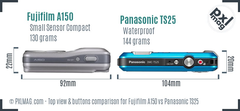 Fujifilm A150 vs Panasonic TS25 top view buttons comparison