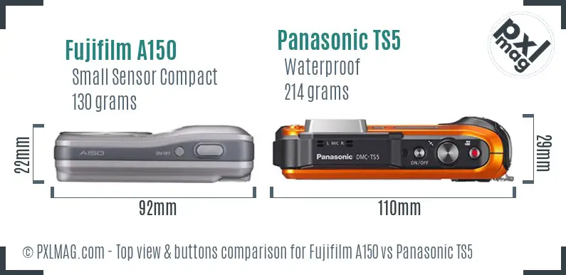 Fujifilm A150 vs Panasonic TS5 top view buttons comparison Fujifilm A150 vs Panasonic TS5 top view buttons comparison