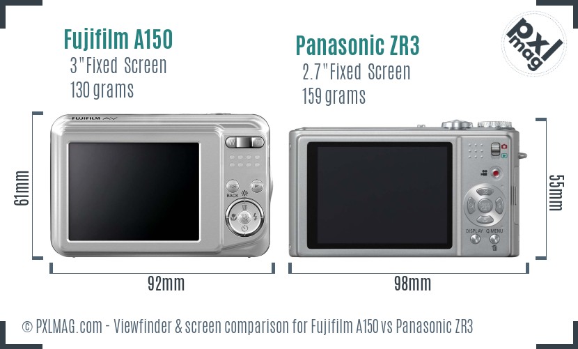 Fujifilm A150 vs Panasonic ZR3 Screen and Viewfinder comparison