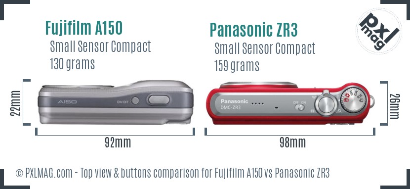 Fujifilm A150 vs Panasonic ZR3 top view buttons comparison