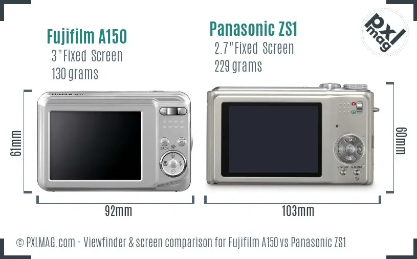 Fujifilm A150 vs Panasonic ZS1 Screen and Viewfinder comparison