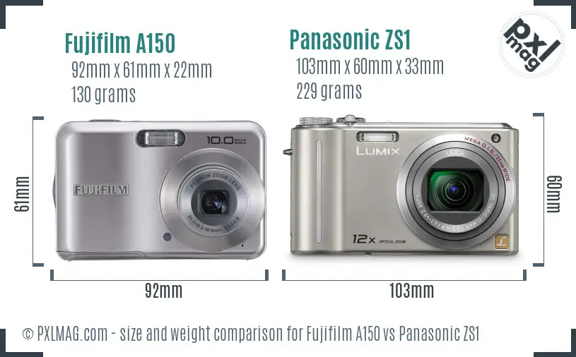 Fujifilm A150 vs Panasonic ZS1 size comparison