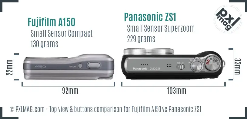 Fujifilm A150 vs Panasonic ZS1 top view buttons comparison