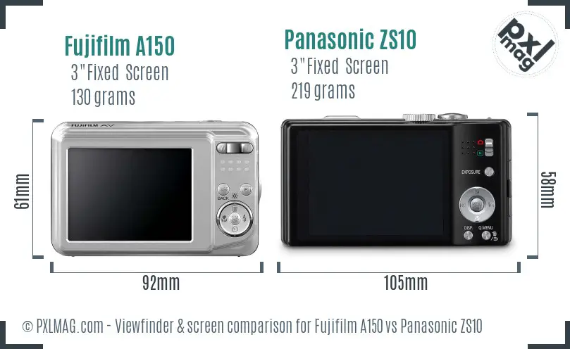 Fujifilm A150 vs Panasonic ZS10 Screen and Viewfinder comparison