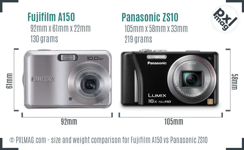 Fujifilm A150 vs Panasonic ZS10 size comparison