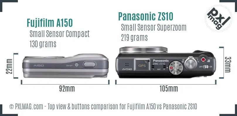Fujifilm A150 vs Panasonic ZS10 top view buttons comparison