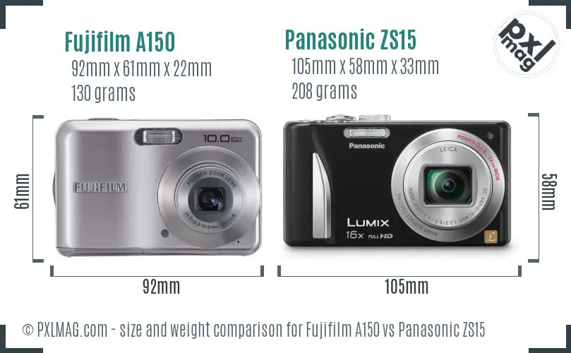 Fujifilm A150 vs Panasonic ZS15 size comparison
