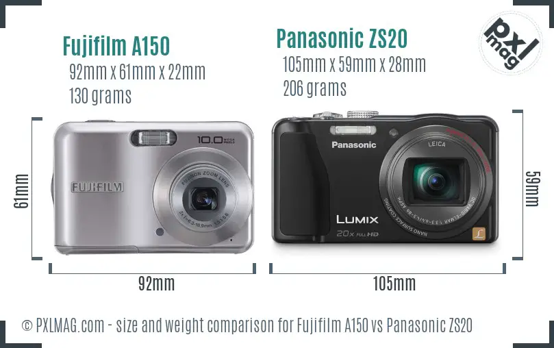 Fujifilm A150 vs Panasonic ZS20 size comparison