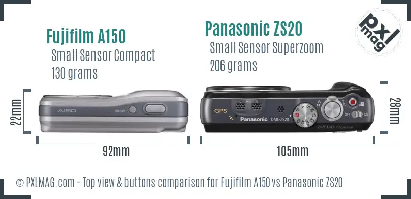 Fujifilm A150 vs Panasonic ZS20 top view buttons comparison