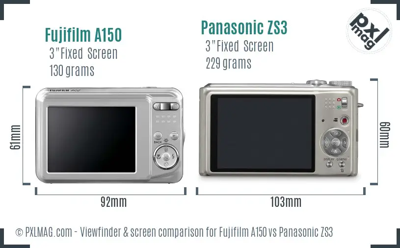 Fujifilm A150 vs Panasonic ZS3 Screen and Viewfinder comparison