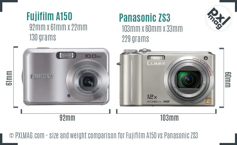 Fujifilm A150 vs Panasonic ZS3 size comparison