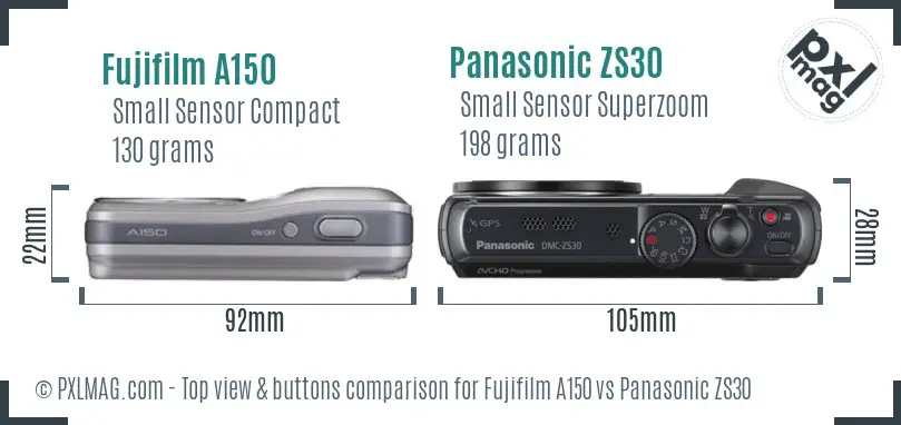 Fujifilm A150 vs Panasonic ZS30 top view buttons comparison Fujifilm A150 vs Panasonic ZS30 top view buttons comparison