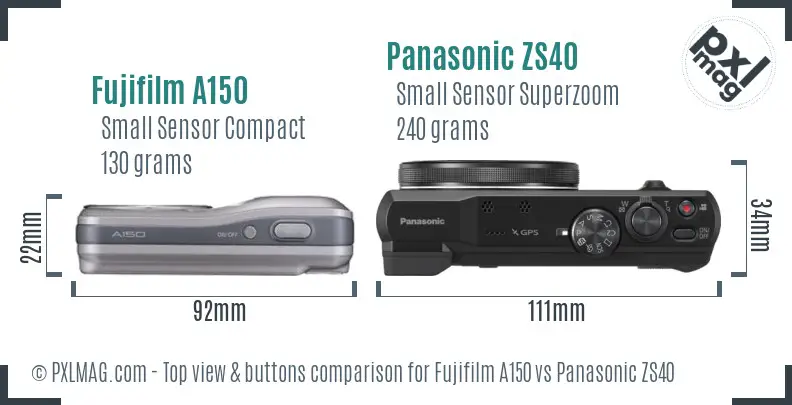 Fujifilm A150 vs Panasonic ZS40 top view buttons comparison Fujifilm A150 vs Panasonic ZS40 top view buttons comparison
