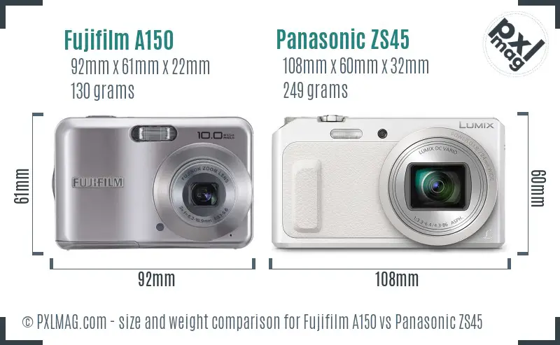 Fujifilm A150 vs Panasonic ZS45 size comparison