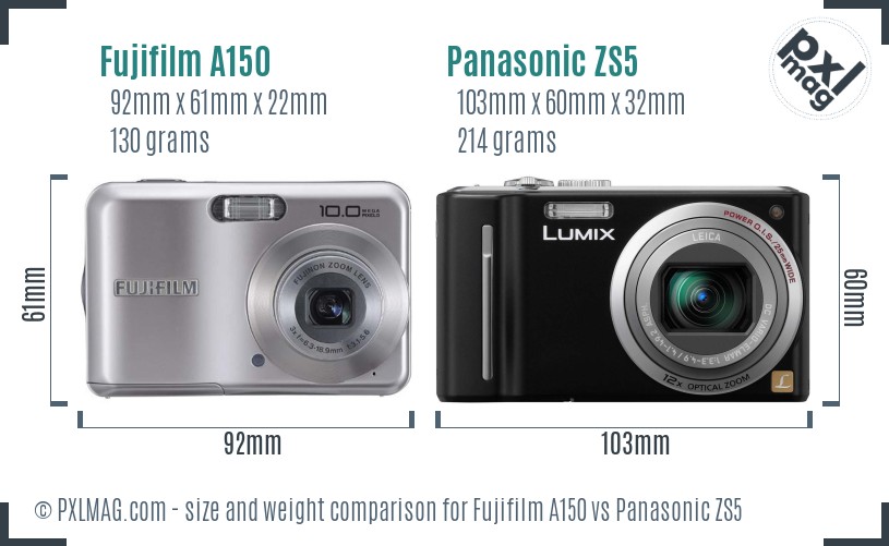 Fujifilm A150 vs Panasonic ZS5 size comparison