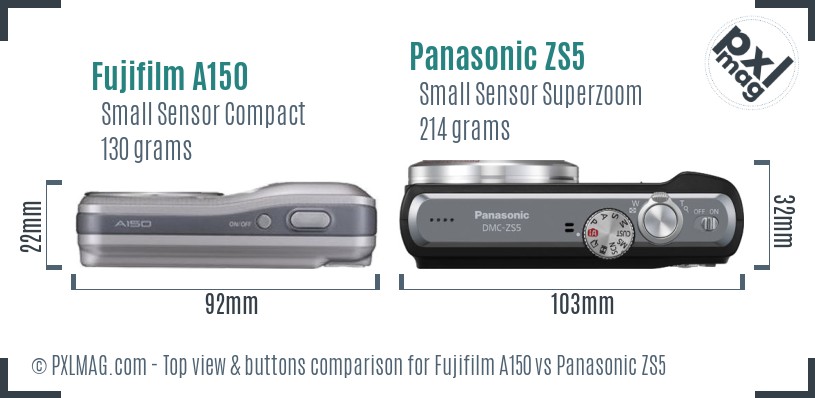 Fujifilm A150 vs Panasonic ZS5 top view buttons comparison
