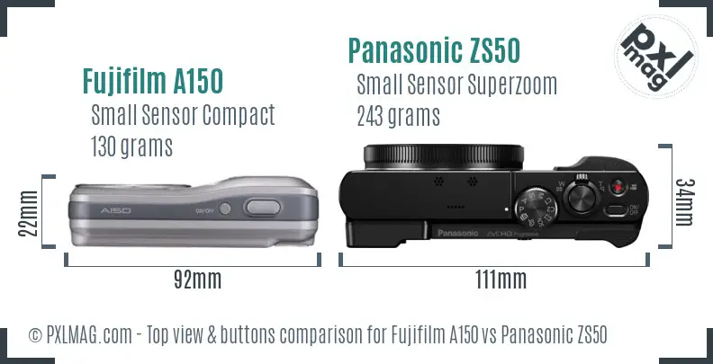 Fujifilm A150 vs Panasonic ZS50 top view buttons comparison Fujifilm A150 vs Panasonic ZS50 top view buttons comparison