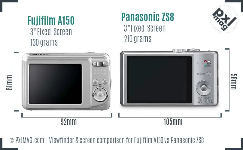 Fujifilm A150 vs Panasonic ZS8 Screen and Viewfinder comparison