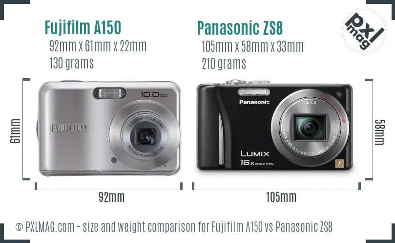 Fujifilm A150 vs Panasonic ZS8 size comparison