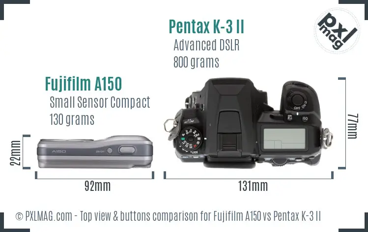 Fujifilm A150 vs Pentax K-3 II top view buttons comparison