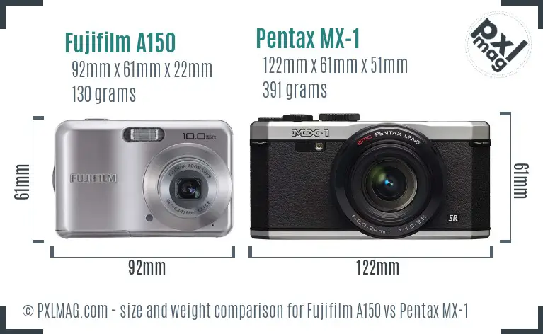 Fujifilm A150 vs Pentax MX-1 size comparison