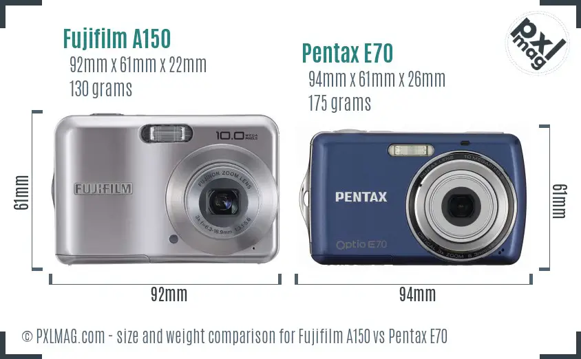 Fujifilm A150 vs Pentax E70 size comparison Fujifilm A150 vs Pentax E70 size comparison
