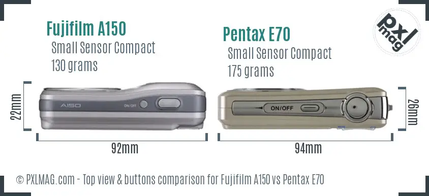 Fujifilm A150 vs Pentax E70 top view buttons comparison Fujifilm A150 vs Pentax E70 top view buttons comparison