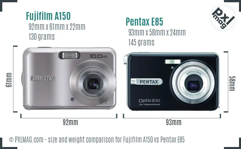 Fujifilm A150 vs Pentax E85 size comparison