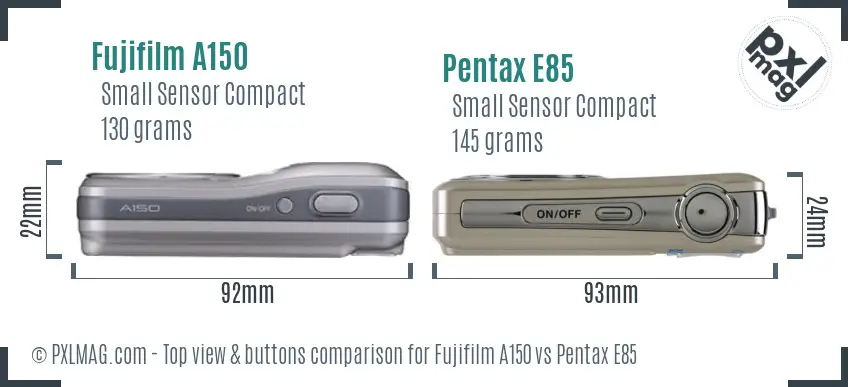 Fujifilm A150 vs Pentax E85 top view buttons comparison