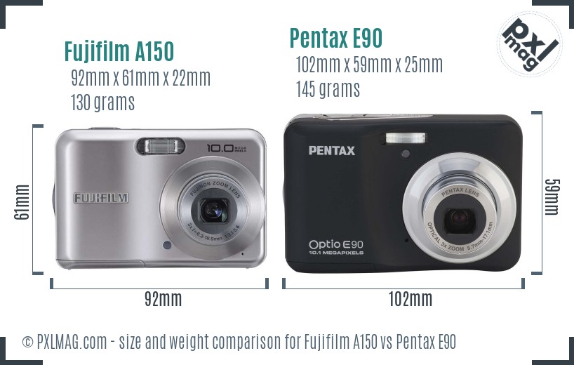 Fujifilm A150 vs Pentax E90 size comparison