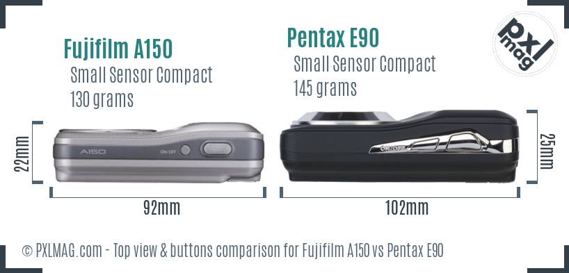 Fujifilm A150 vs Pentax E90 top view buttons comparison